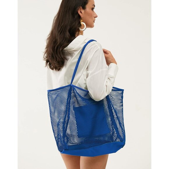 Women's Klein Blue Mesh Beach Nylon & Polyester No-closure Tote Shoulder Handbag - Picture 6 of 7